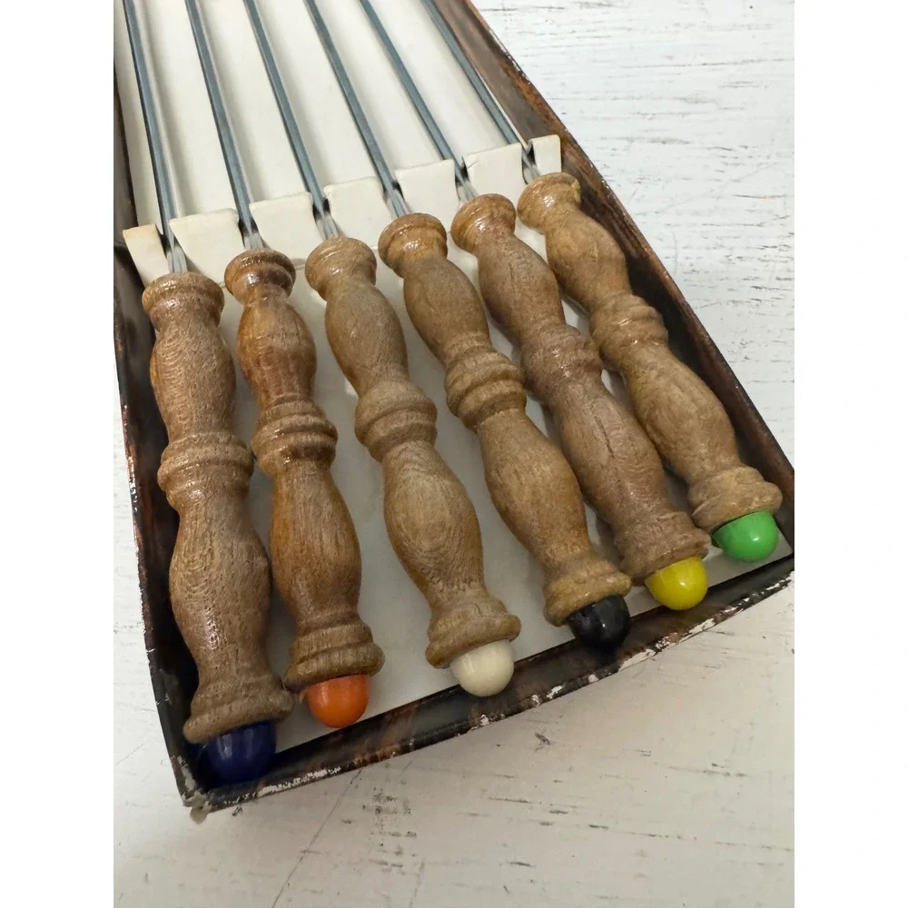 Vintage Fondue Forks Set of 6 Wood Handles Color Coded Tips Japan MCM Retro